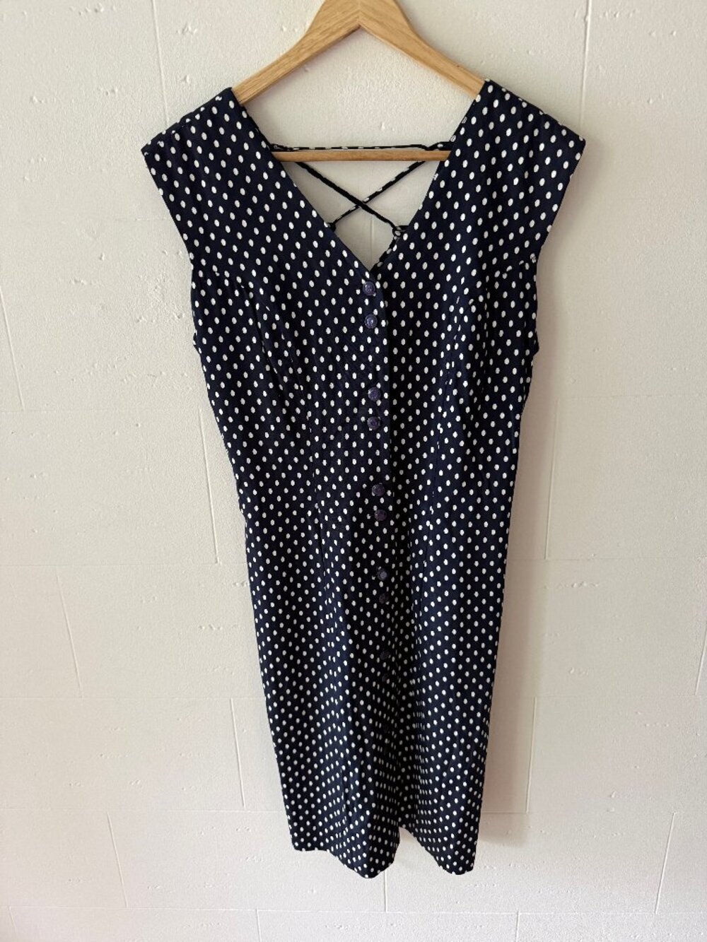 Vintage Navy Polka Dot Strappy Back Midi Summer Dress | Small